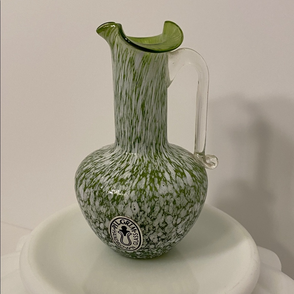 Vintage Pilgrim Handblown Bud Vase Green And White Splatter Art Glass